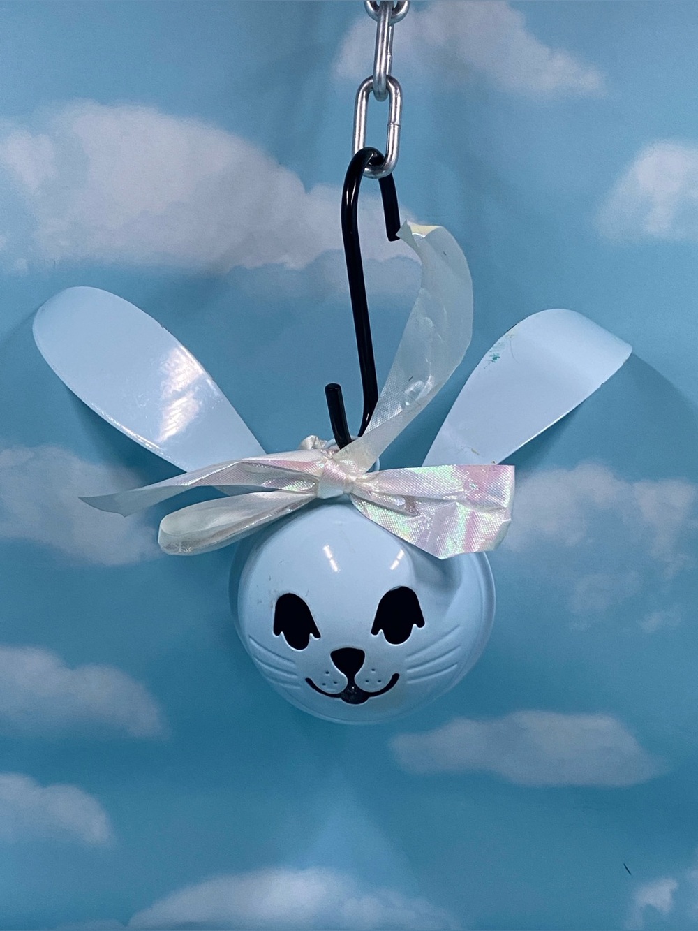 Vintage 90s Pastel Blue Metal Bunny Bell Hanging Celling Decor